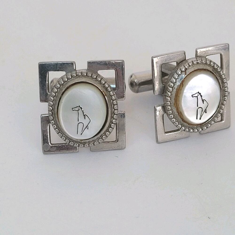 Unbranded Silver Tone Cufflinks Mother Of Pearl Horse Equestrian Vintage Retro